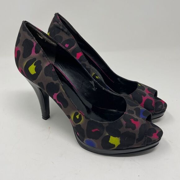 Nine West Danee Neon Leopard Print Peep Toe Heels Platform Women's 6M - Picture 1 of 11